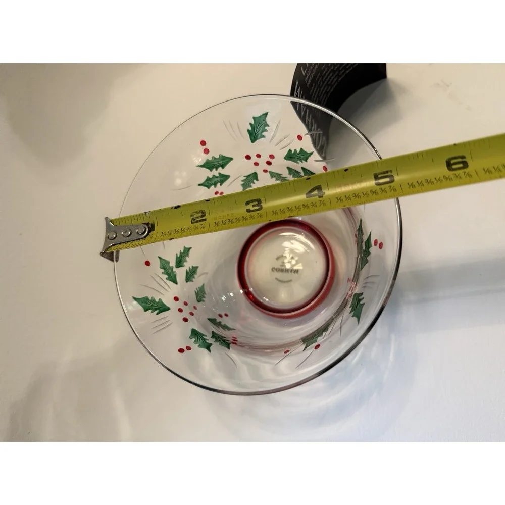 Gorham Festive Holly Candy Dish Hand Cut Painted 5" Diameter Christmas Glass - Picture 3 of 10